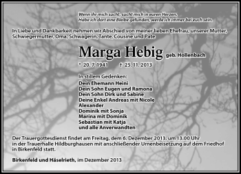 Traueranzeige von Marga Hebig von Südthüringer Presse