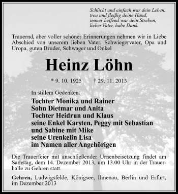Traueranzeige von Heinz Löhn von Südthüringer Presse