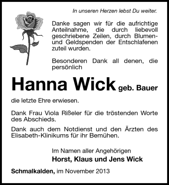Traueranzeige von Hanna Wick von Südthüringer Presse
