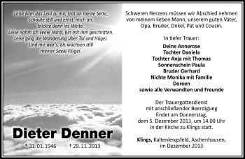 Traueranzeige von Dieter Denner von Südthüringer Presse