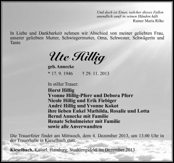 Traueranzeige von Ute Hillig von Südthüringer Presse