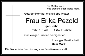 Traueranzeige von Erika Pezold von Frankenpost