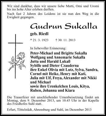 Traueranzeige von Gudrun Sukalla von Südthüringer Presse