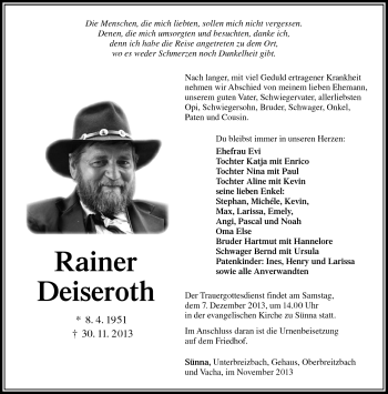 Traueranzeige von Rainer Deisenroth von Südthüringer Presse