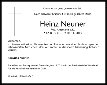 Traueranzeige von Heinz Neuner von Frankenpost