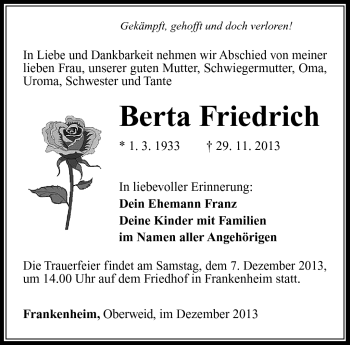 Traueranzeige von Berta Friedrich von Südthüringer Presse