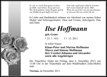 Traueranzeige von Ilse Hoffmann von Südthüringer Presse
