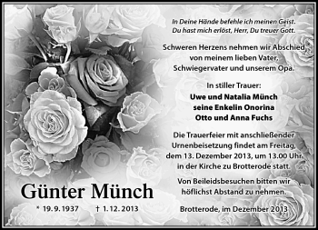 Traueranzeige von Günter Münch von Südthüringer Presse