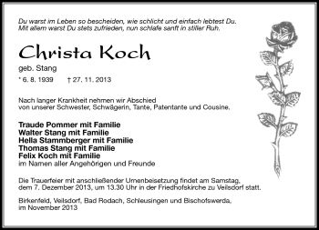 Traueranzeige von Christa Koch von Südthüringer Presse