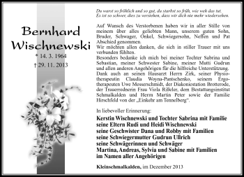 Traueranzeige von Bernhard Wischnewski von Südthüringer Presse