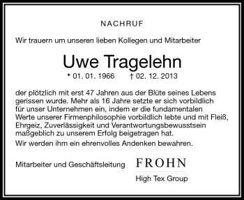 Traueranzeige von Uwe Tragelehn von Frankenpost