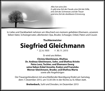 Traueranzeige von Siegfried Gleichmann von Südthüringer Presse