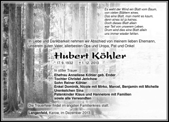 Traueranzeige von Hubert Köhler von Südthüringer Presse