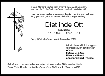 Traueranzeige von Dietlinde Ott von Frankenpost