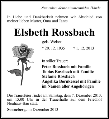 Traueranzeige von Elsbeth Rossbach von Südthüringer Presse