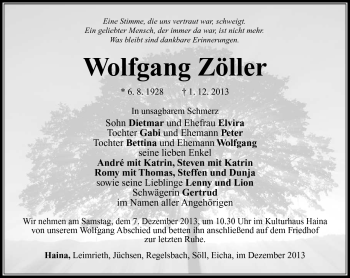 Traueranzeige von Wolfgang Zöller von Südthüringer Presse