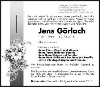 Traueranzeige von Jens Görlach von Südthüringer Presse