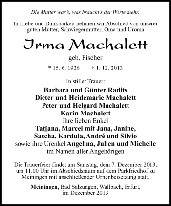 Traueranzeige von Irma Machalett von Südthüringer Presse