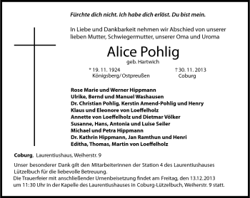 Traueranzeige von Alice Pohlig von Neue Presse Coburg