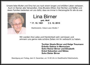 Traueranzeige von Lina Birner von Frankenpost