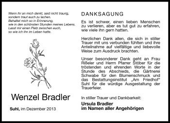 Traueranzeige von Wenzel Bradler von Südthüringer Presse