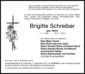 Traueranzeige von Brigitte Schreiber von Neue Presse Coburg