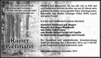 Traueranzeige von Rainer Bießmann von Südthüringer Presse