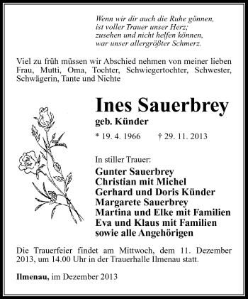 Traueranzeige von Ines Sauerbrey von Südthüringer Presse