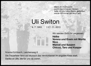 Traueranzeige von Uli Switon von Neue Presse Coburg