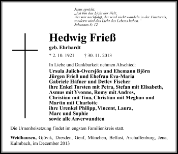 Traueranzeige von Hedwig Frieß von Südthüringer Presse