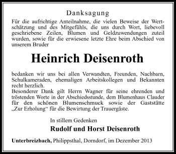 Traueranzeige von Heinrich Deisenroth von Südthüringer Presse