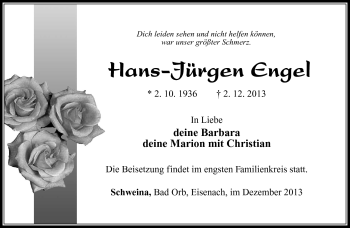 Traueranzeige von Hans-Jürgen Engel von Südthüringer Presse
