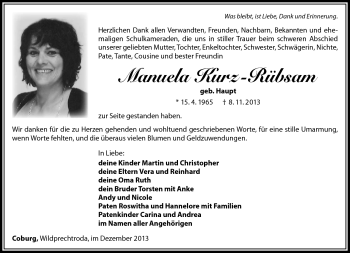 Traueranzeige von Manuela Kurz-Rübsam von Südthüringer Presse
