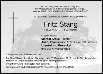Traueranzeige von Fritz Stang von Neue Presse Coburg