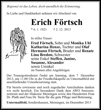 Traueranzeige von Erich Förtsch von Südthüringer Presse