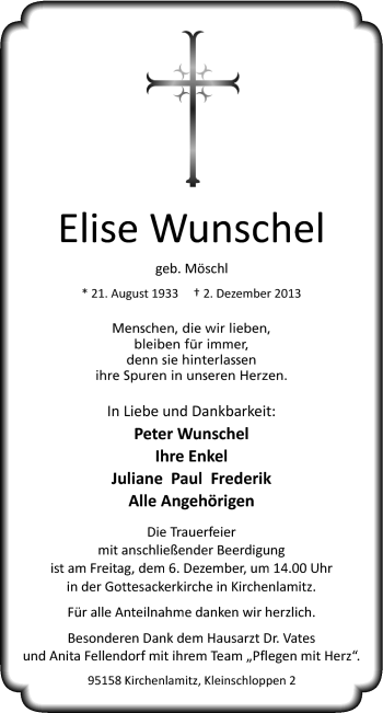 Traueranzeige von Elise Wunschel von Frankenpost