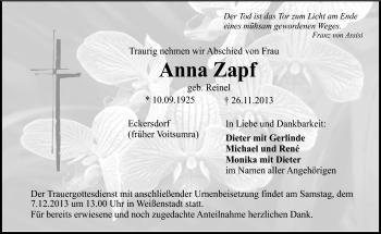 Traueranzeige von Anna Zapf von Frankenpost