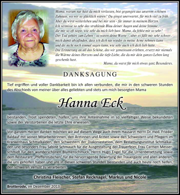 Traueranzeige von Hanna Eck von Südthüringer Presse