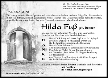 Traueranzeige von Hilde Fuß von Südthüringer Presse