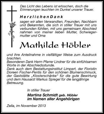 Traueranzeige von Mathilde Höbler von Südthüringer Presse