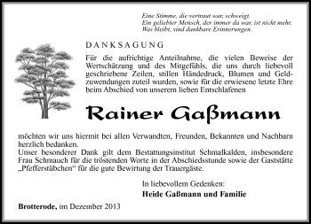 Traueranzeige von Rainer Gaßmann von Südthüringer Presse