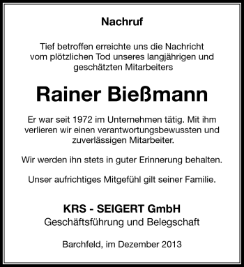 Traueranzeige von Rainer Bießmann von Südthüringer Presse