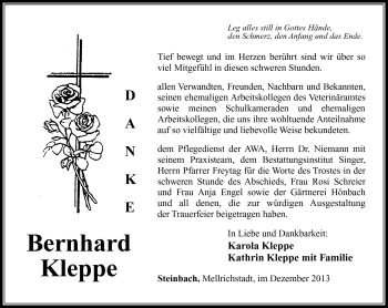 Traueranzeige von Bernhard Kleppe von Südthüringer Presse