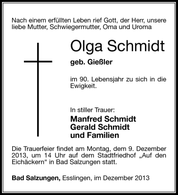 Traueranzeige von Olga Schmidt von Südthüringer Presse