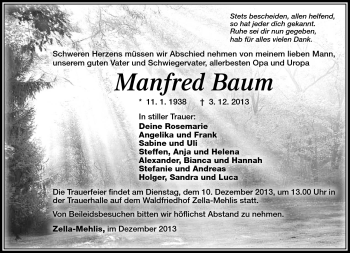 Traueranzeige von Manfred Baum von Südthüringer Presse