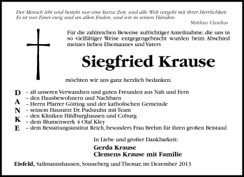 Traueranzeige von Siegfried Krause von Südthüringer Presse