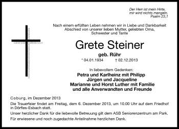 Traueranzeige von Grete Steiner von Neue Presse Coburg