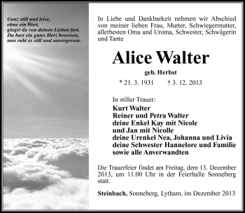 Traueranzeige von Alice Walter von Südthüringer Presse