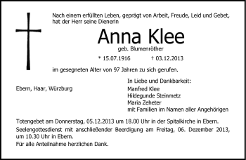 Traueranzeige von Anna Klee von Neue Presse Coburg