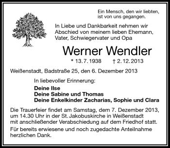 Traueranzeige von Werner Wendler von Frankenpost